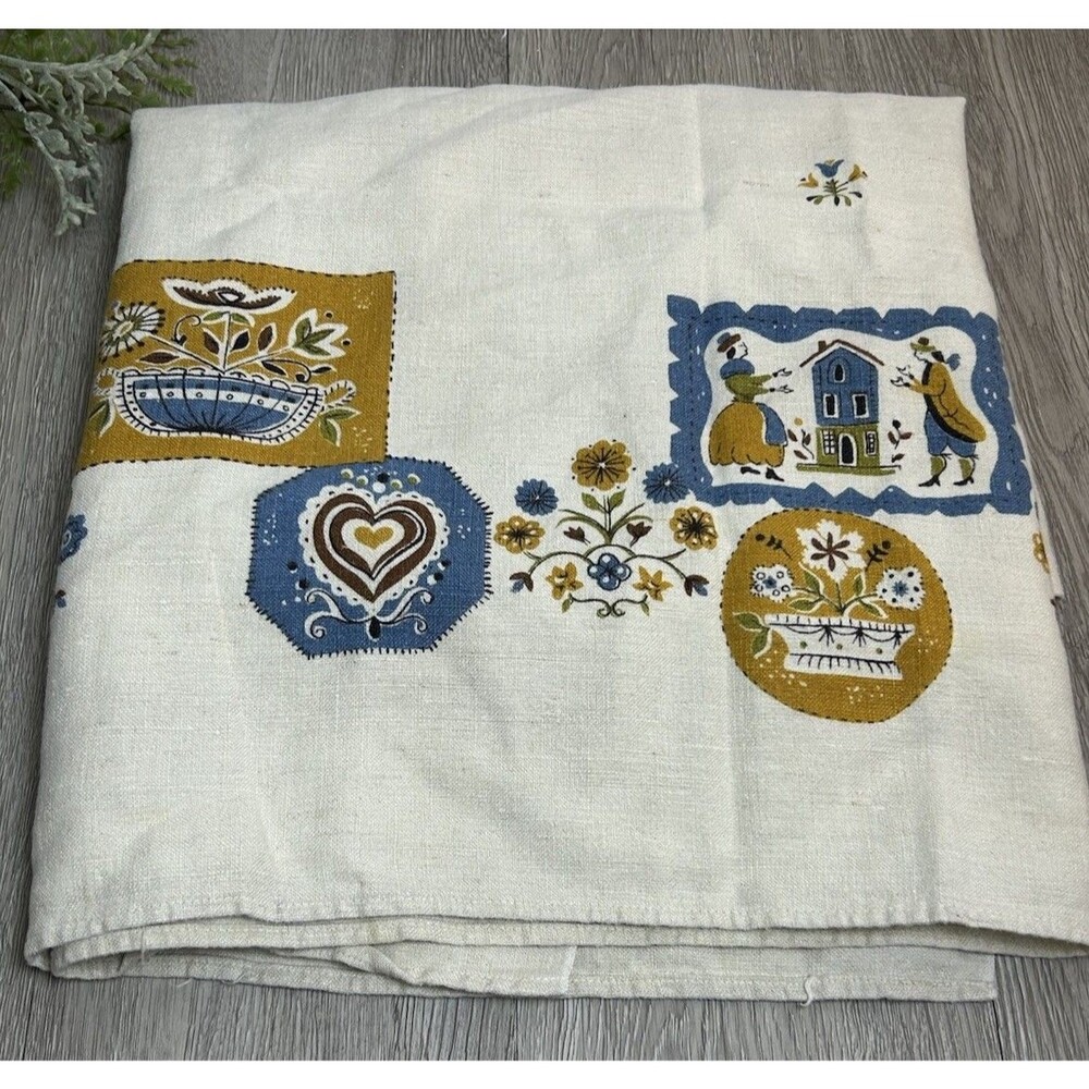Vintage 47” Square Linen Tablecloth Blue Yellow Floral PA Dutch Style Stained